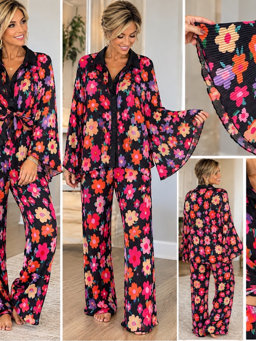 Source Unknown Black Floral Wide-Leg Pajama Set with Pink & Orange Flowers
